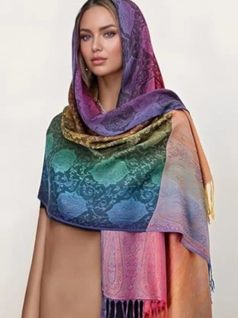 Bohemian Travel Scarf, Jacquard Beach Wrap, Oversized Photoshoot Shawl
